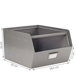 Bac de rangement empilable en métal gris avec porte étiquette