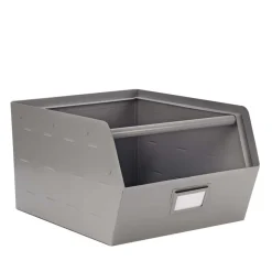 Bac de rangement empilable en métal gris avec porte étiquette